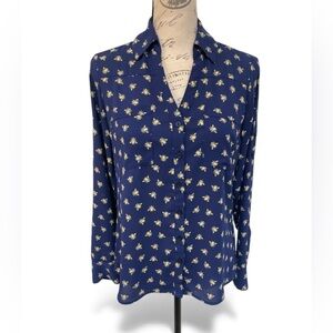 Express Portofino Bee Print Blouse XS Navy Button Down Long Sleeve Top